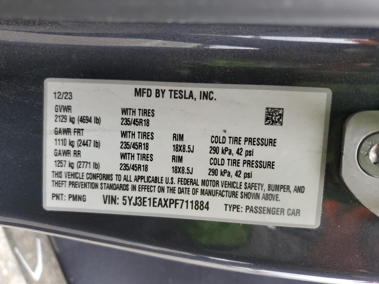 2023 Tesla Model 3 VIN: 5YJ3E1EAXPF711884 Lot: 93384955