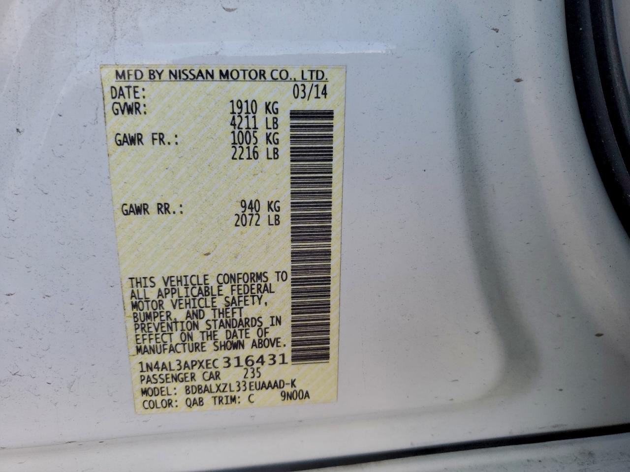 2014 Nissan Altima 2.5 VIN: 1N4AL3APXEC316431 Lot: 94539775