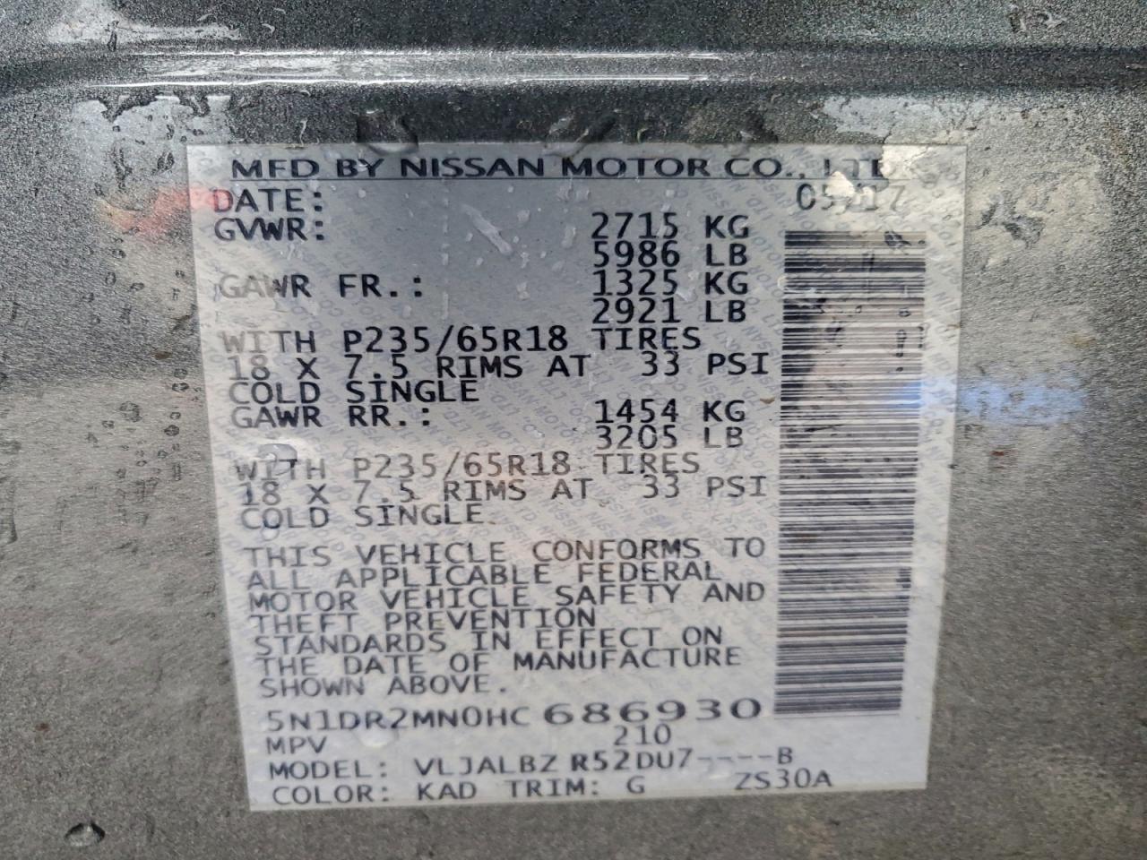 2017 Nissan Pathfinder S VIN: 5N1DR2MN0HC686930 Lot: 94184335