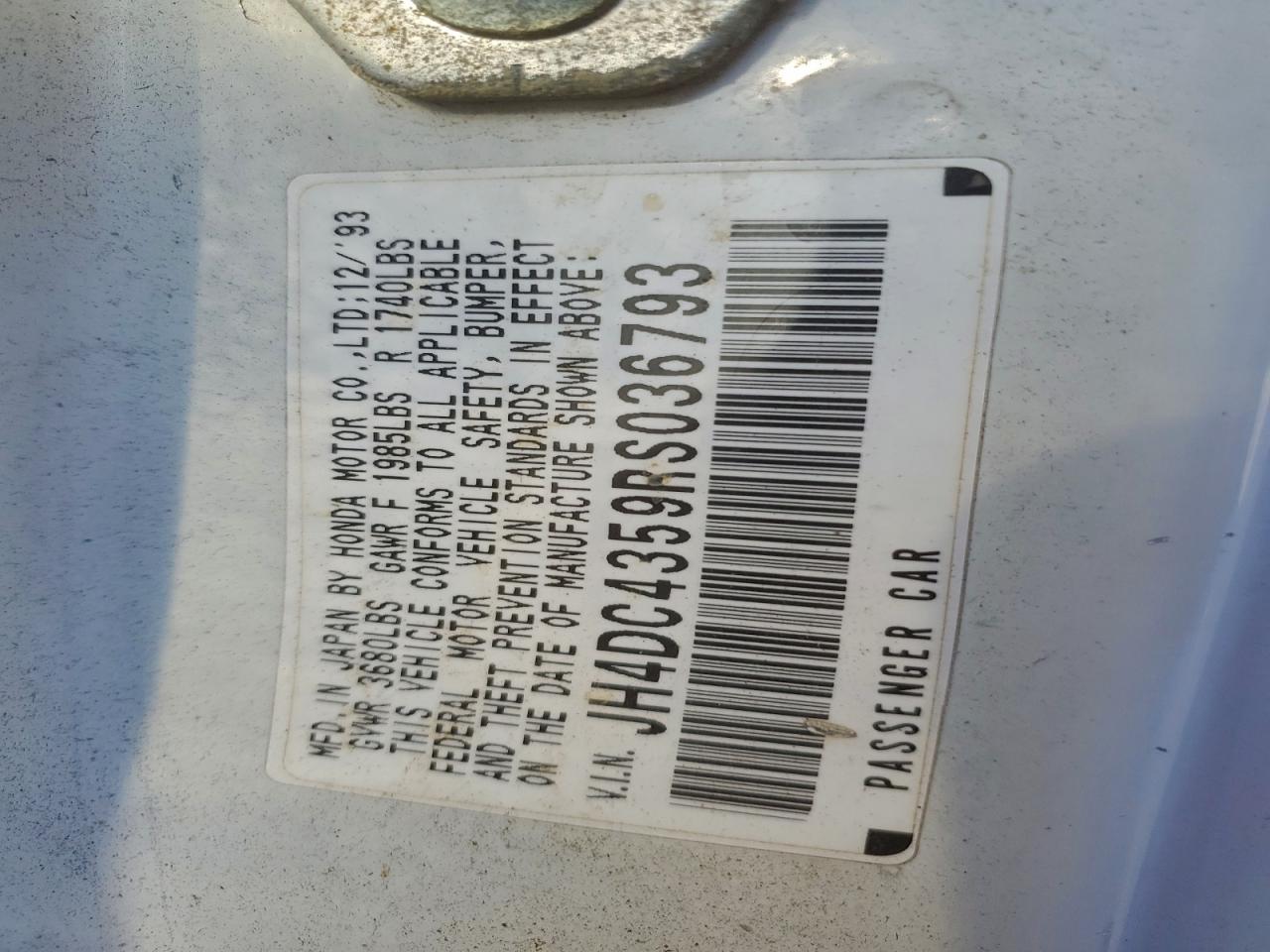 1994 Acura Integra Ls VIN: JH4DC4359RS036793 Lot: 94681915