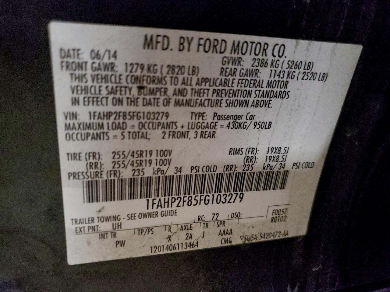 2015 Ford Taurus Limited VIN: 1FAHP2F85FG103279 Lot: 94067625