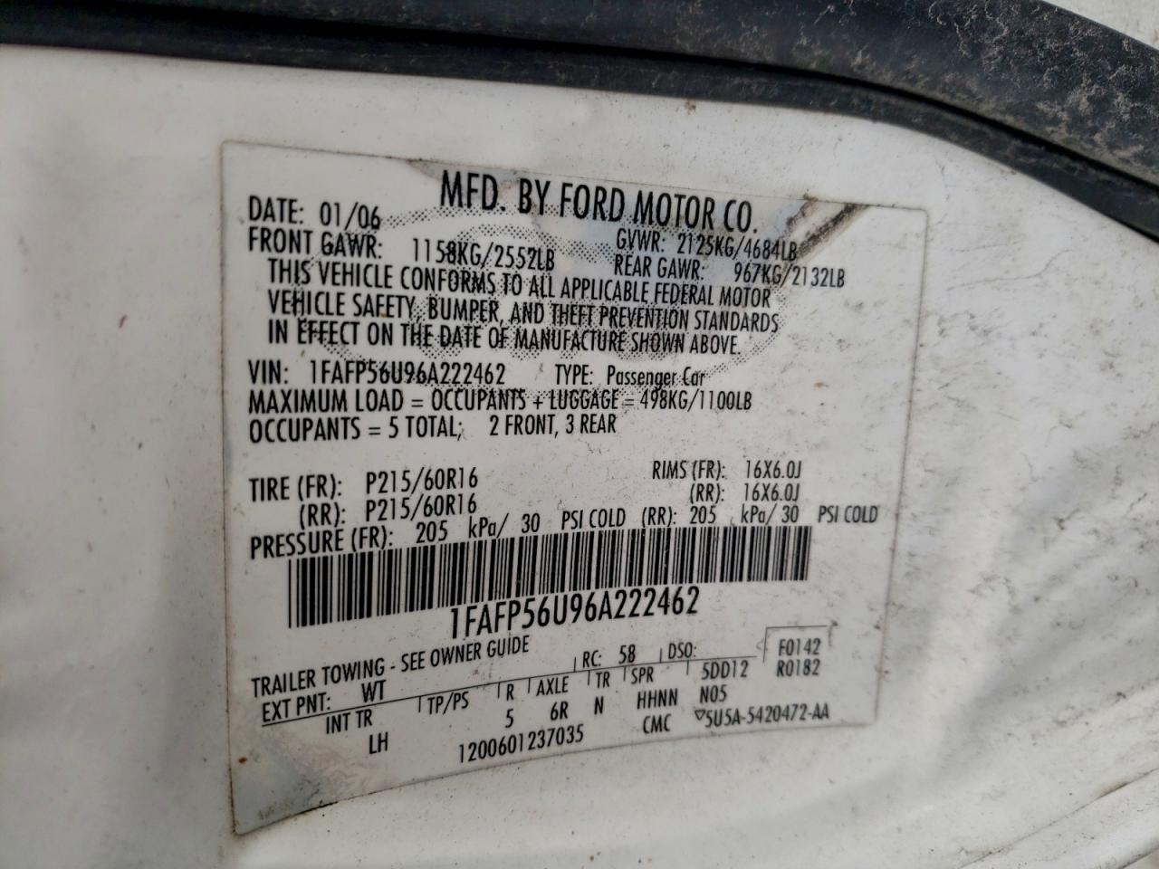 2006 Ford Taurus Sel VIN: 1FAFP56U96A222462 Lot: 94137555