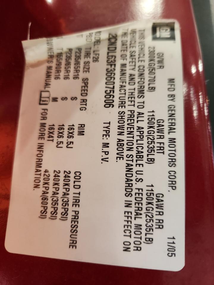 2006 Chevrolet Equinox Lt VIN: 2CNDL63F366075606 Lot: 92634595