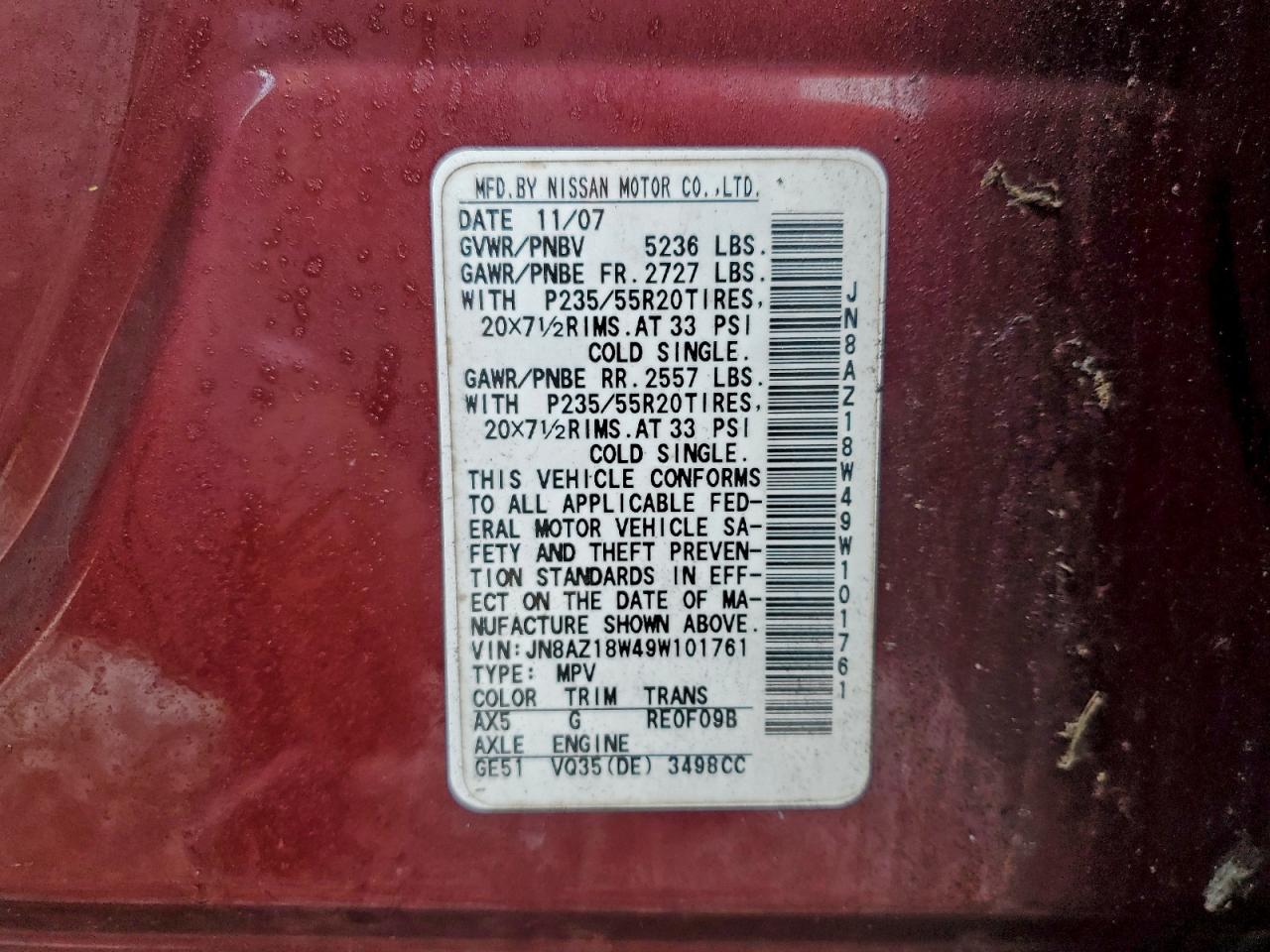 2009 Nissan Murano S VIN: JN8AZ18W49W101761 Lot: 94147795