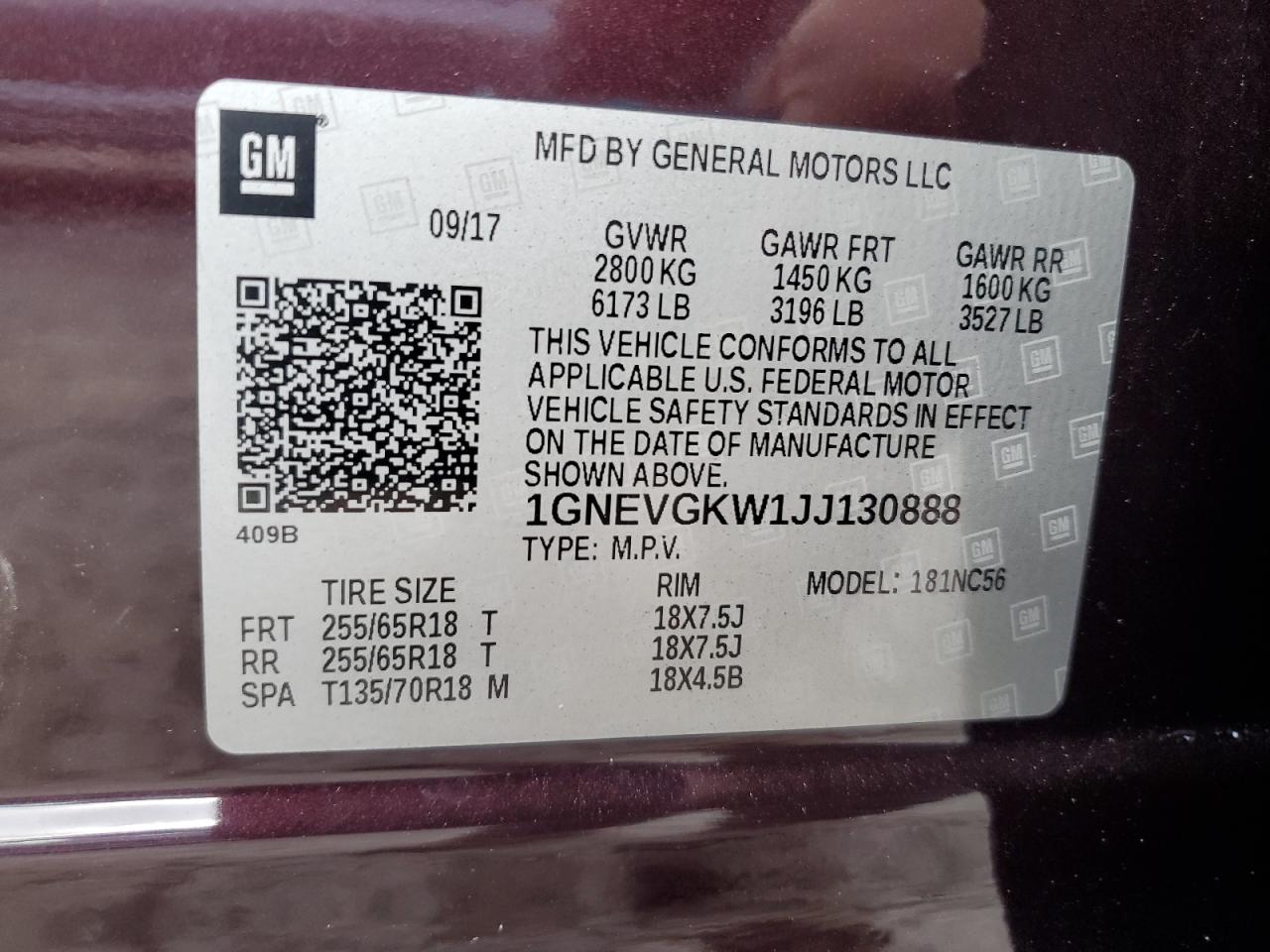 2018 Chevrolet Traverse Lt VIN: 1GNEVGKW1JJ130888 Lot: 92408175