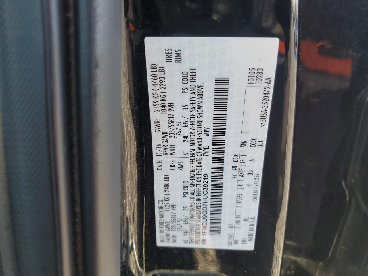 2017 Ford Escape Se VIN: 1FMCU9GD7HUC39219 Lot: 93419255