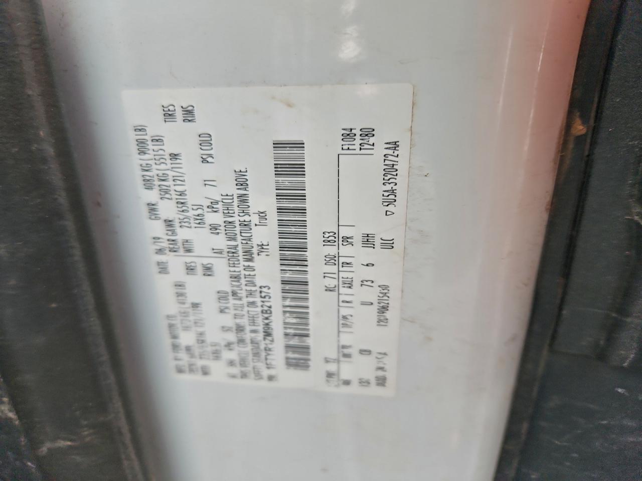 2019 Ford Transit T-250 VIN: 1FTYR1ZM9KKB21573 Lot: 92899945