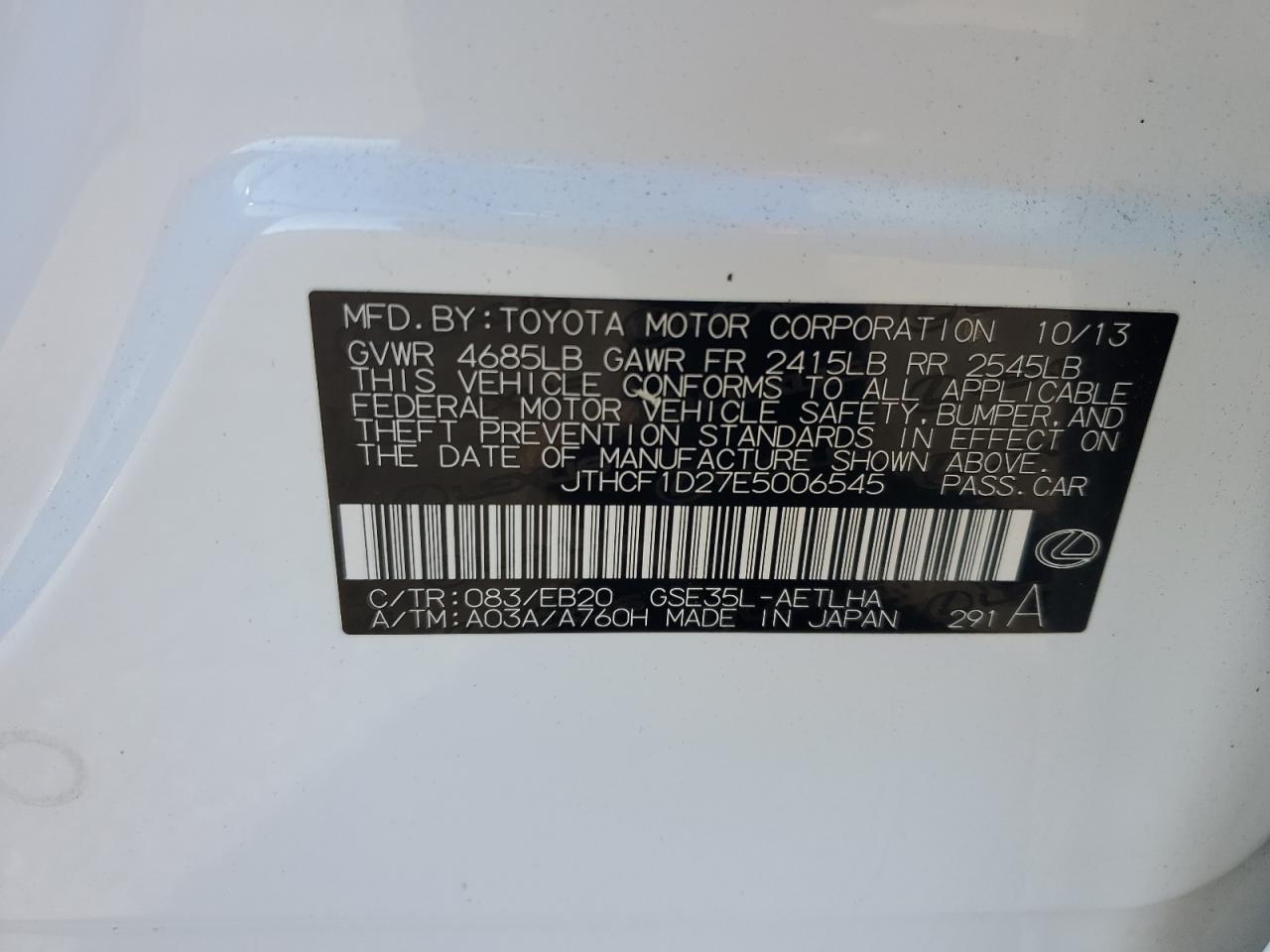 2014 Lexus Is 250 VIN: JTHCF1D27E5006545 Lot: 92655755