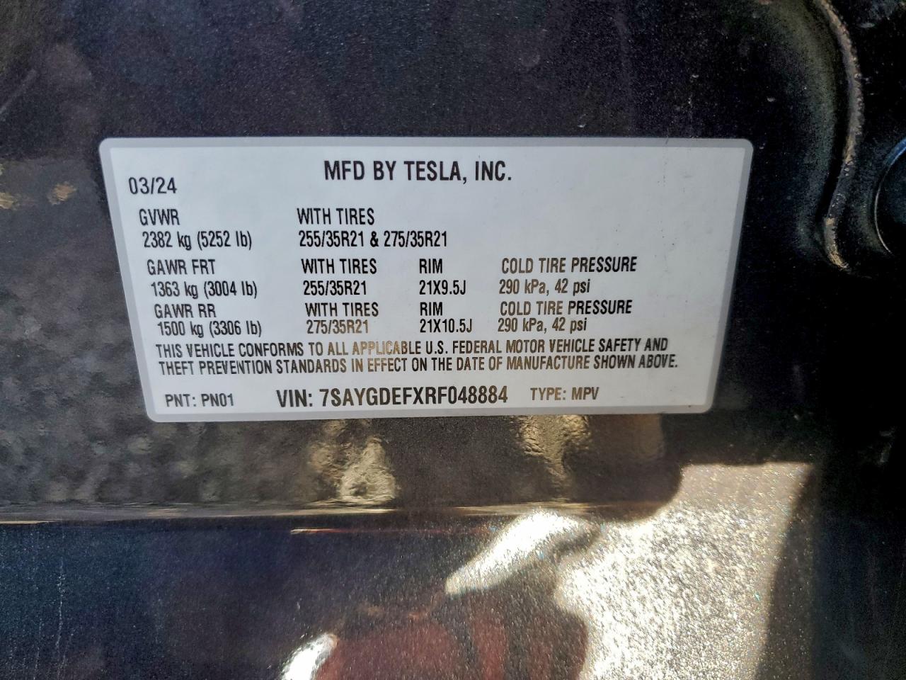 2024 Tesla Model Y VIN: 7SAYGDEFXRF048884 Lot: 93746325