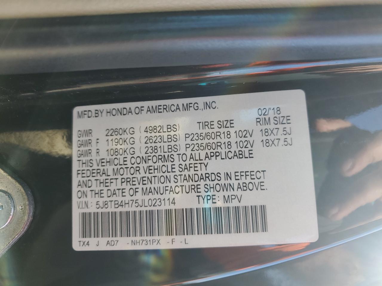 2018 Acura Rdx Advance VIN: 5J8TB4H75JL023114 Lot: 92468095