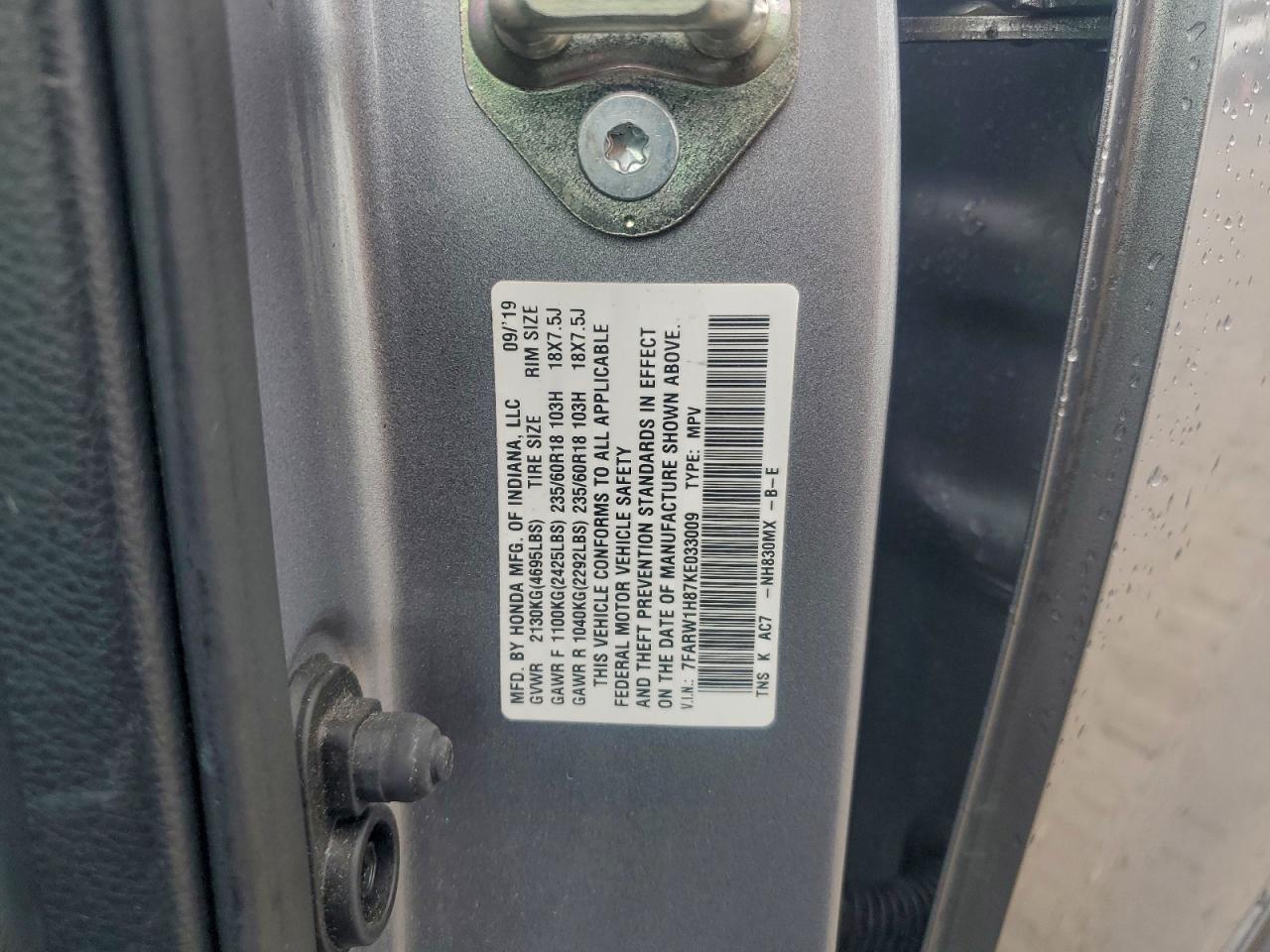 2019 Honda Cr-V Exl VIN: 7FARW1H87KE033009 Lot: 92849155