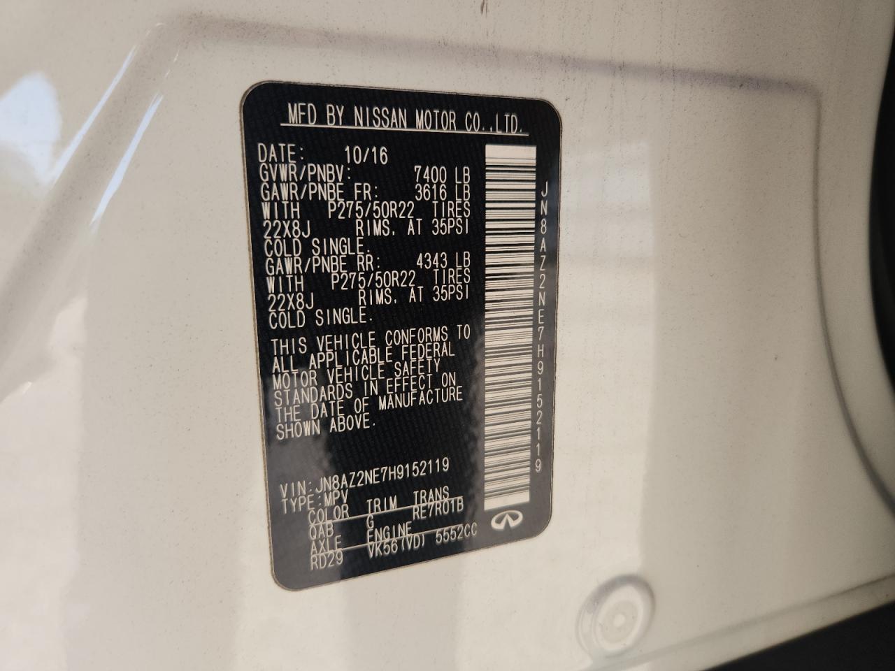 2017 Infiniti Qx80 Base VIN: JN8AZ2NE7H9152119 Lot: 91001345