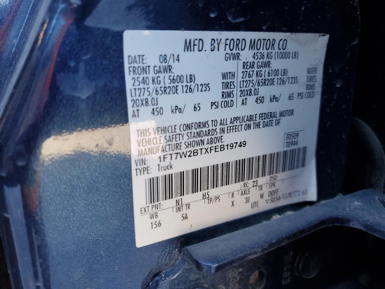 2015 Ford F250 Super Duty VIN: 1FT7W2BTXFEB19749 Lot: 93230155