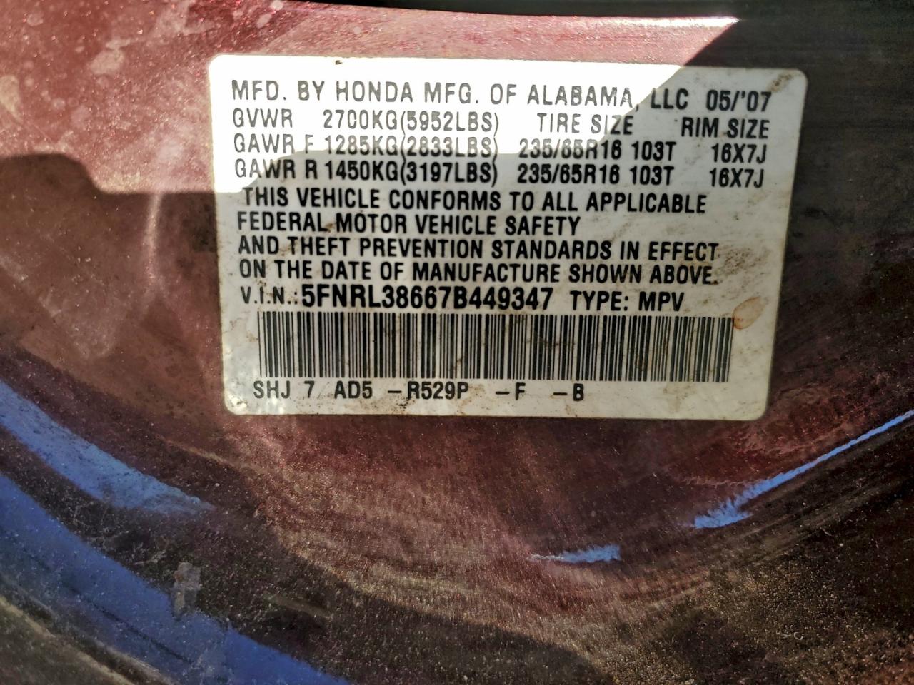 2007 Honda Odyssey Exl VIN: 5FNRL38667B449347 Lot: 91279375