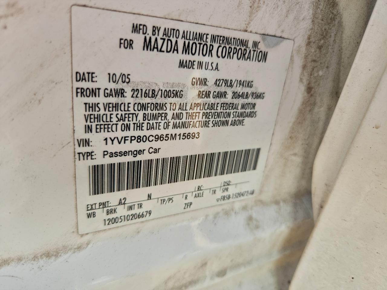 2006 Mazda 6 I VIN: 1YVFP80C965M15693 Lot: 93894385