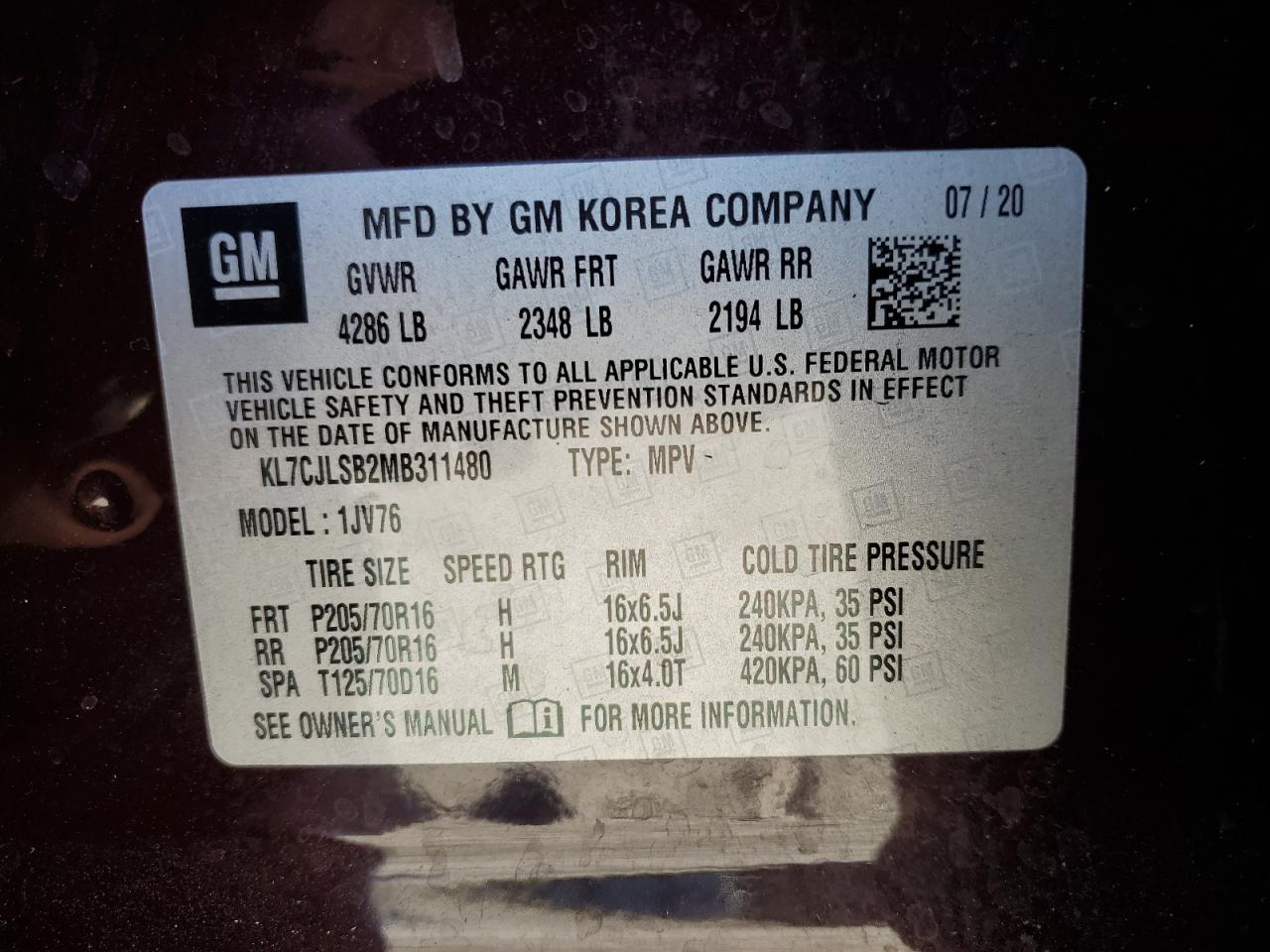 2021 Chevrolet Trax 1Lt VIN: KL7CJLSB2MB311480 Lot: 92001565