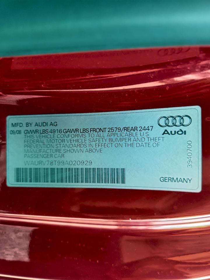 2009 Audi S5 Quattro VIN: WAURV78T99A020929 Lot: 94636065