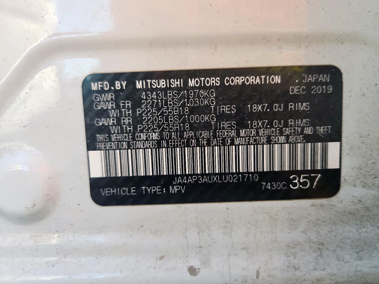 2020 Mitsubishi Outlander Sport Es VIN: JA4AP3AUXLU021710 Lot: 93026955