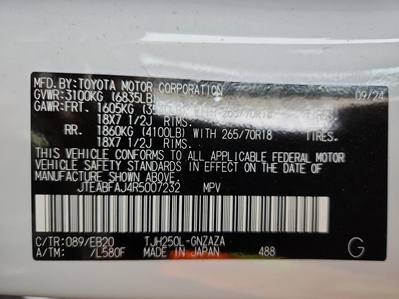 2024 Toyota Land Cruiser Base VIN: JTEABFAJ4R5007232 Lot: 91776155