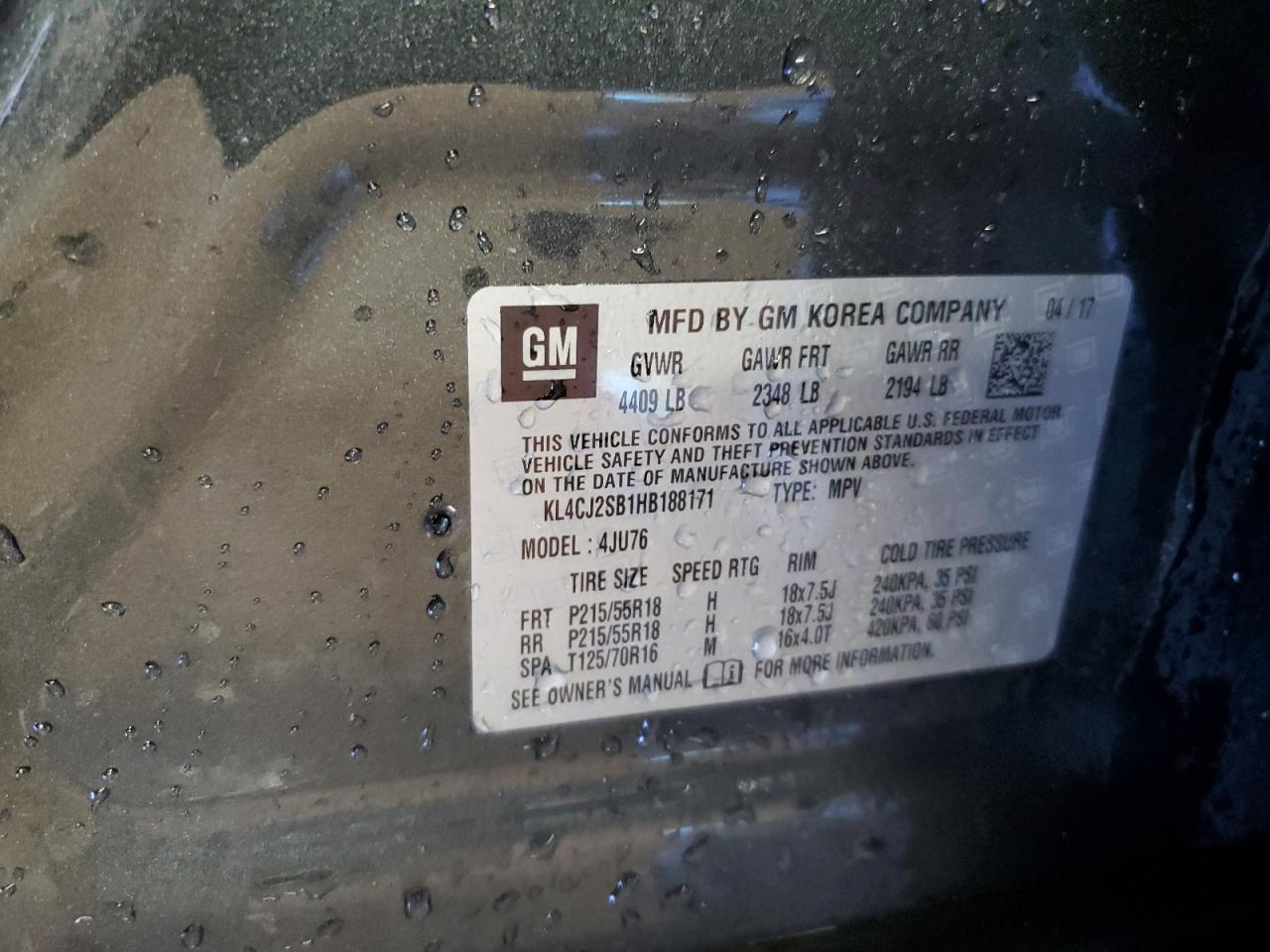 2017 Buick Encore Sport Touring VIN: KL4CJ2SB1HB188171 Lot: 91635165