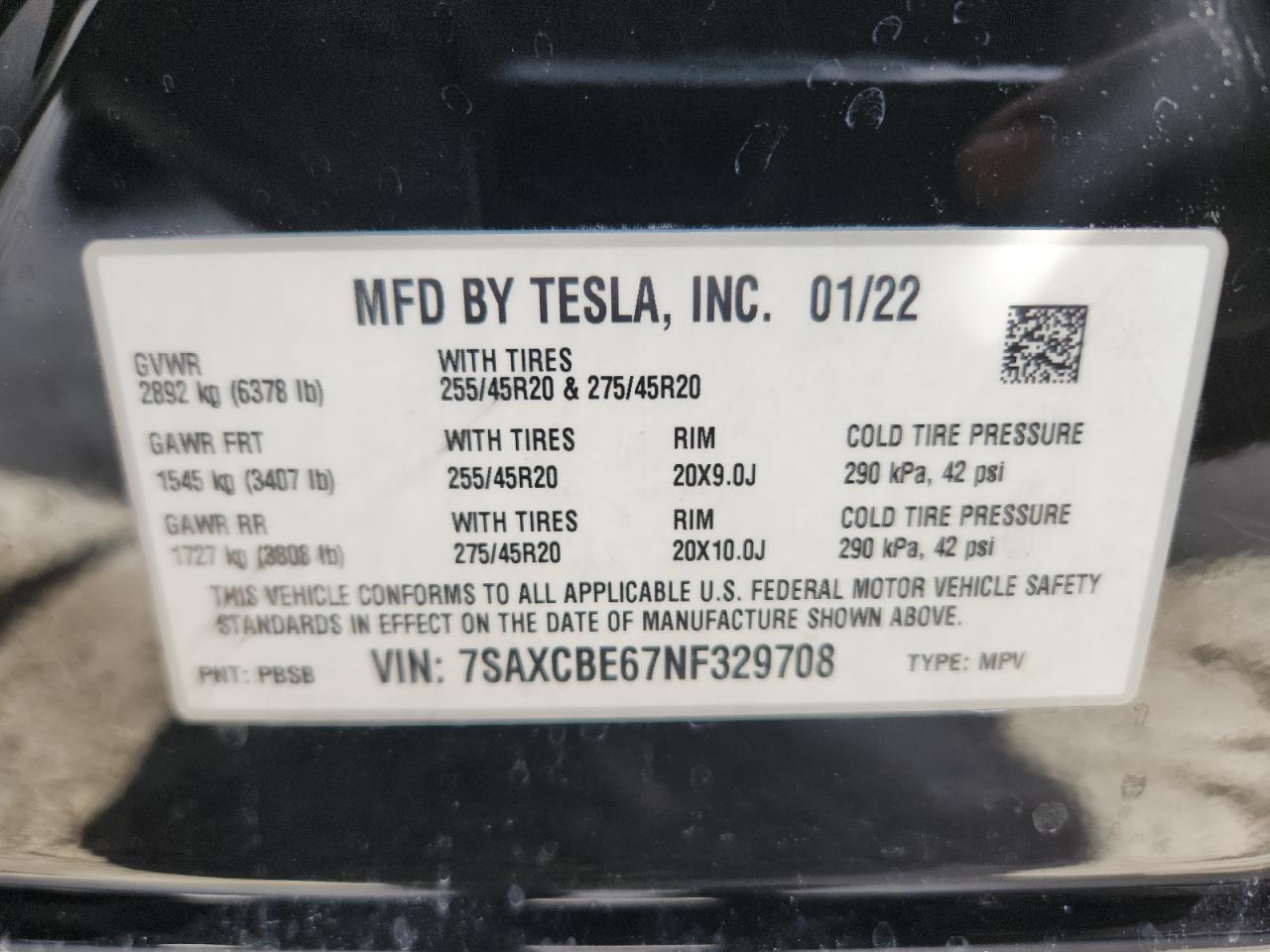 2022 Tesla Model X VIN: 7SAXCBE67NF329708 Lot: 92099555