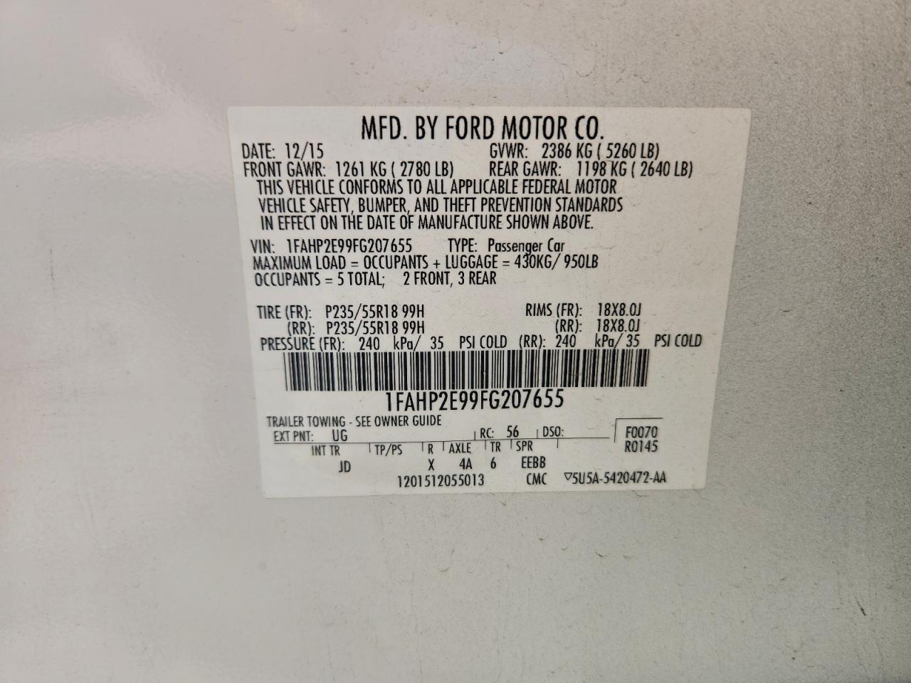 2015 Ford Taurus Sel VIN: 1FAHP2E99FG207655 Lot: 94120585