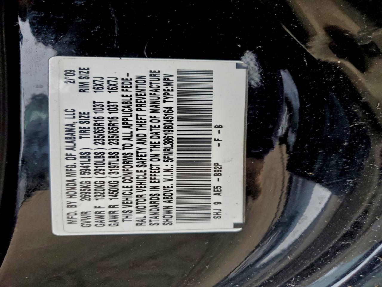 2009 Honda Odyssey Exl VIN: 5FNRL38619B045164 Lot: 93552305