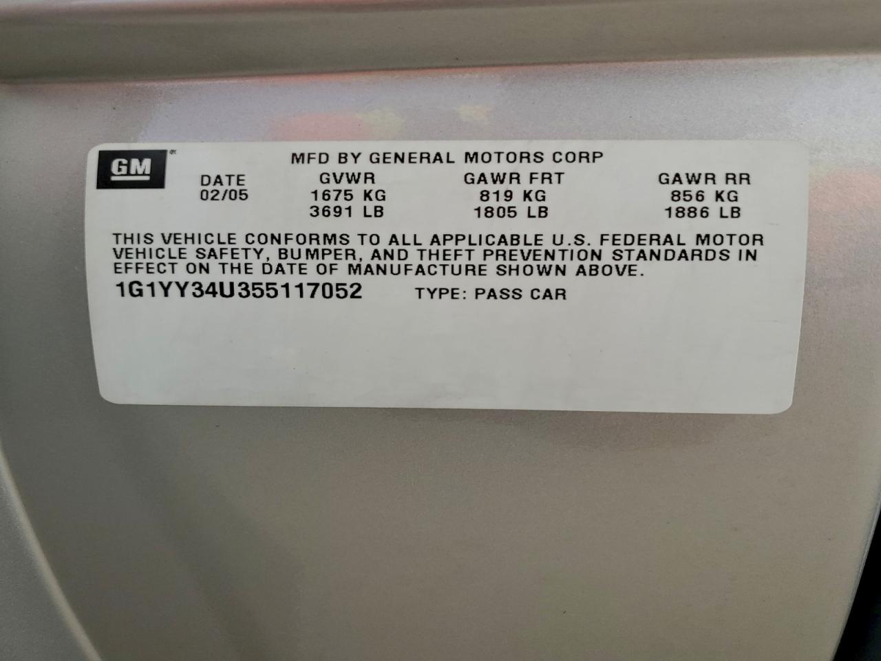 2005 Chevrolet Corvette VIN: 1G1YY34U355117052 Lot: 93239475