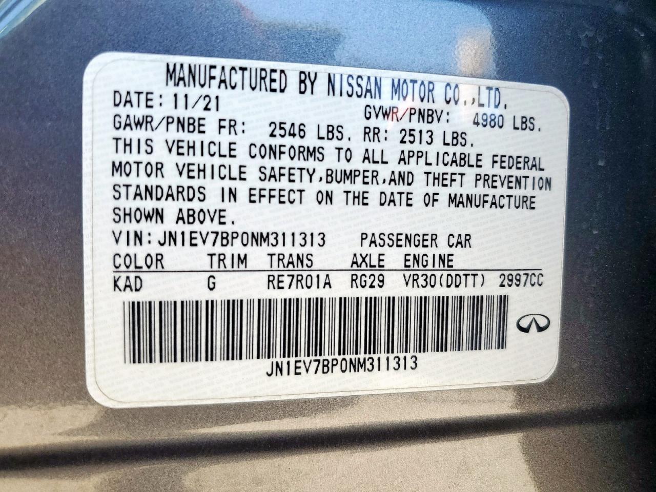 2022 Infiniti Q50 Luxe VIN: JN1EV7BP0NM311313 Lot: 91812875