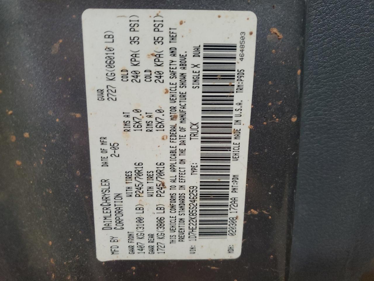 2005 Dodge Dakota St VIN: 1D7HE22K85S246259 Lot: 92923025