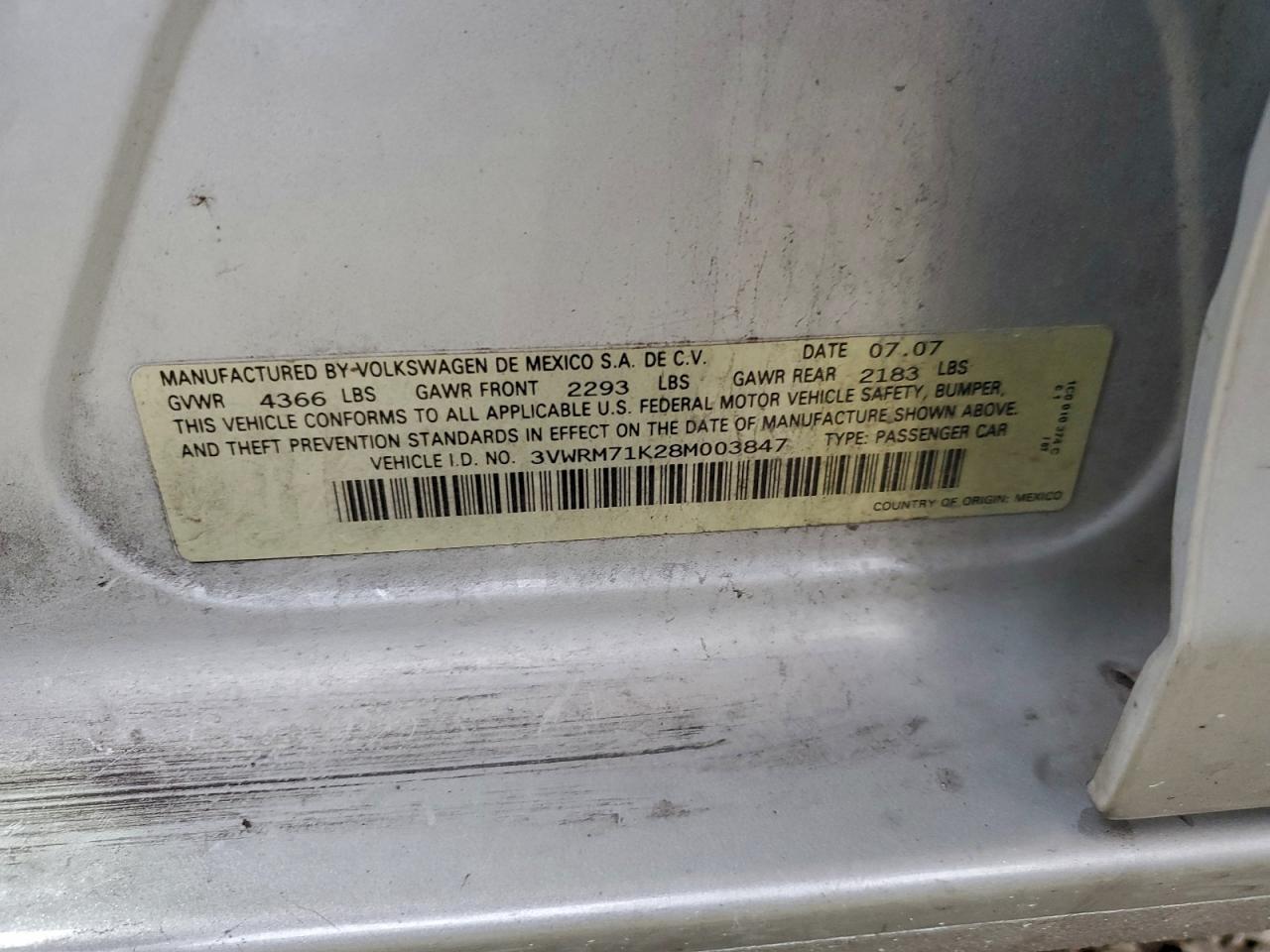 2008 Volkswagen Jetta Se VIN: 3VWRM71K28M003847 Lot: 94114075