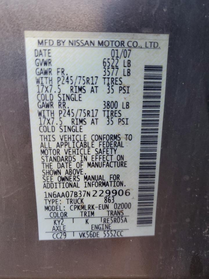 2007 Nissan Titan Xe VIN: 1N6AA07B37N229906 Lot: 93096525