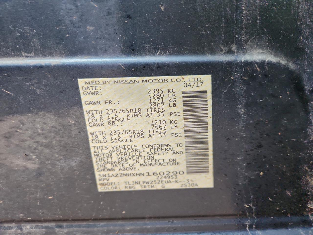 2017 Nissan Murano S VIN: 5N1AZ2MHXHN160290 Lot: 94039775