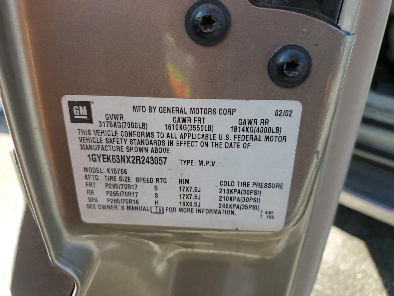 2002 Cadillac Escalade Luxury VIN: 1GYEK63NX2R243057 Lot: 85420345