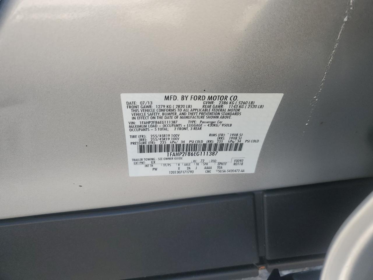 2014 Ford Taurus Limited VIN: 1FAHP2F86EG111387 Lot: 92608565