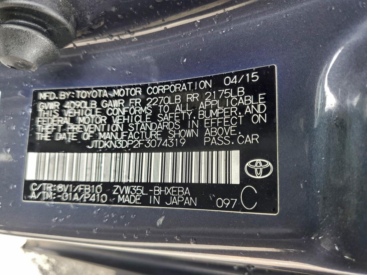 2015 Toyota Prius Plug-In VIN: JTDKN3DP2F3074319 Lot: 94095435