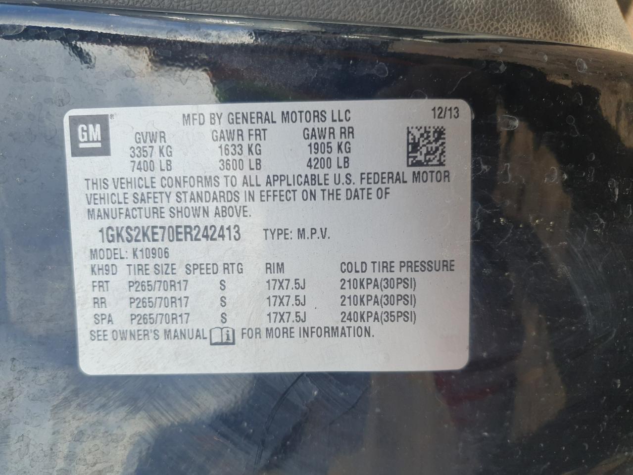 2014 GMC Yukon Xl K1500 Slt VIN: 1GKS2KE70ER242413 Lot: 92469375