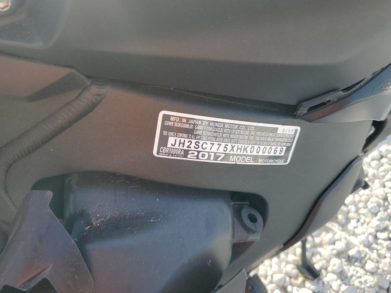 2017 Honda Cbr1000 Ra VIN: JH2SC775XHK000069 Lot: 91977705