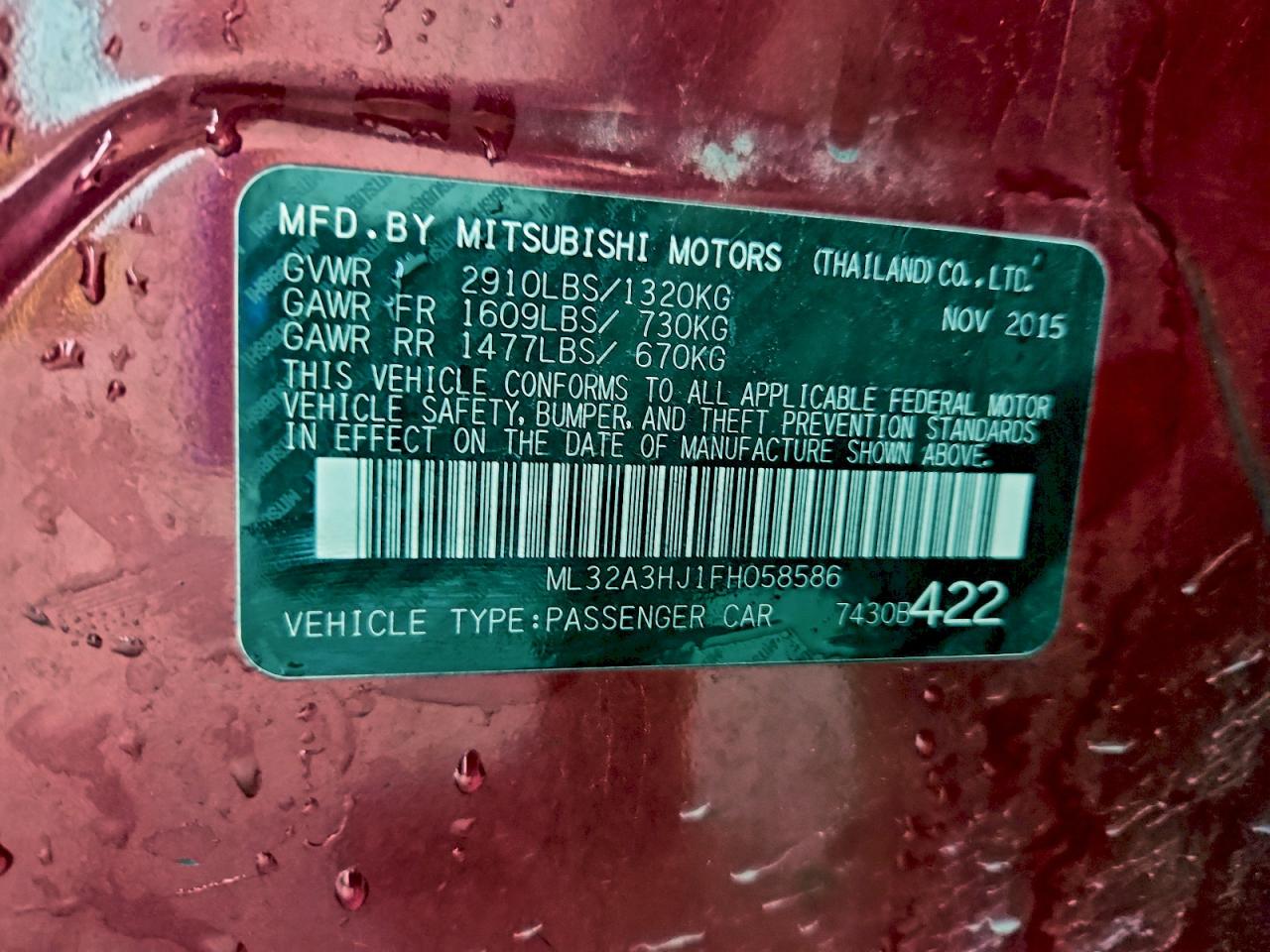 2015 Mitsubishi Mirage De VIN: ML32A3HJ1FH058586 Lot: 93214335