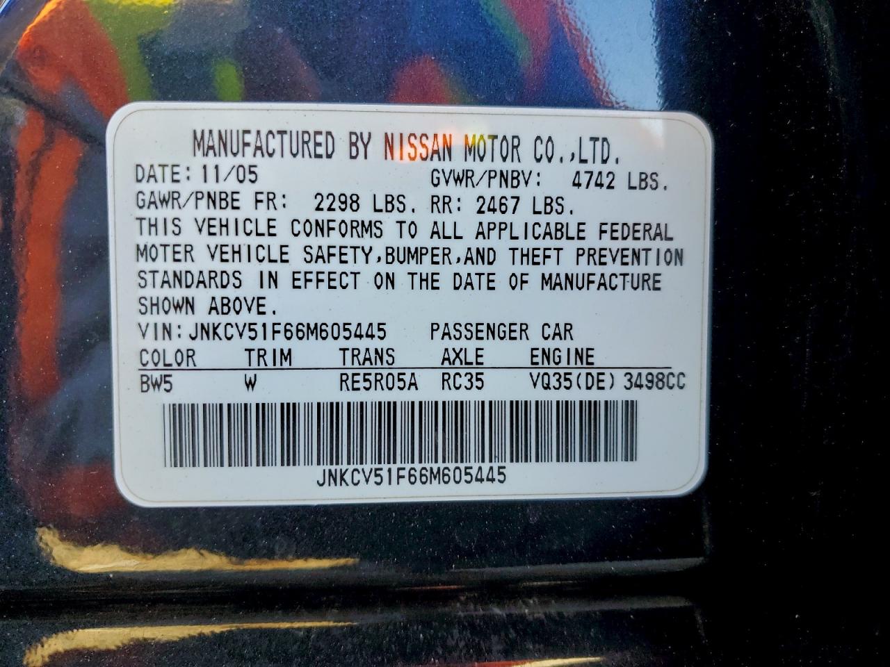 2006 Infiniti G35 VIN: JNKCV51F66M605445 Lot: 94519025