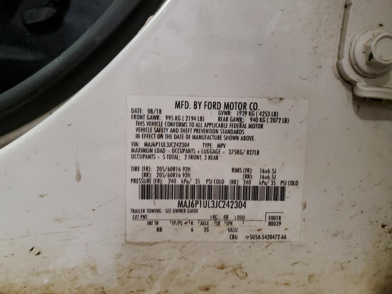 2018 Ford Ecosport Se VIN: MAJ6P1UL3JC242304 Lot: 92048605