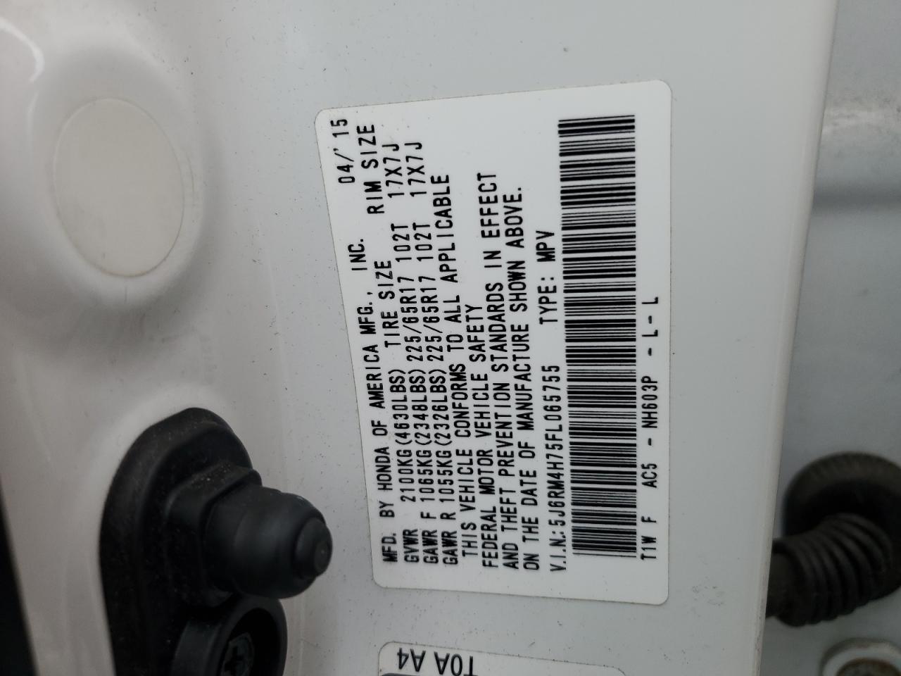 2015 Honda Cr-V Exl VIN: 5J6RM4H75FL065755 Lot: 91449365