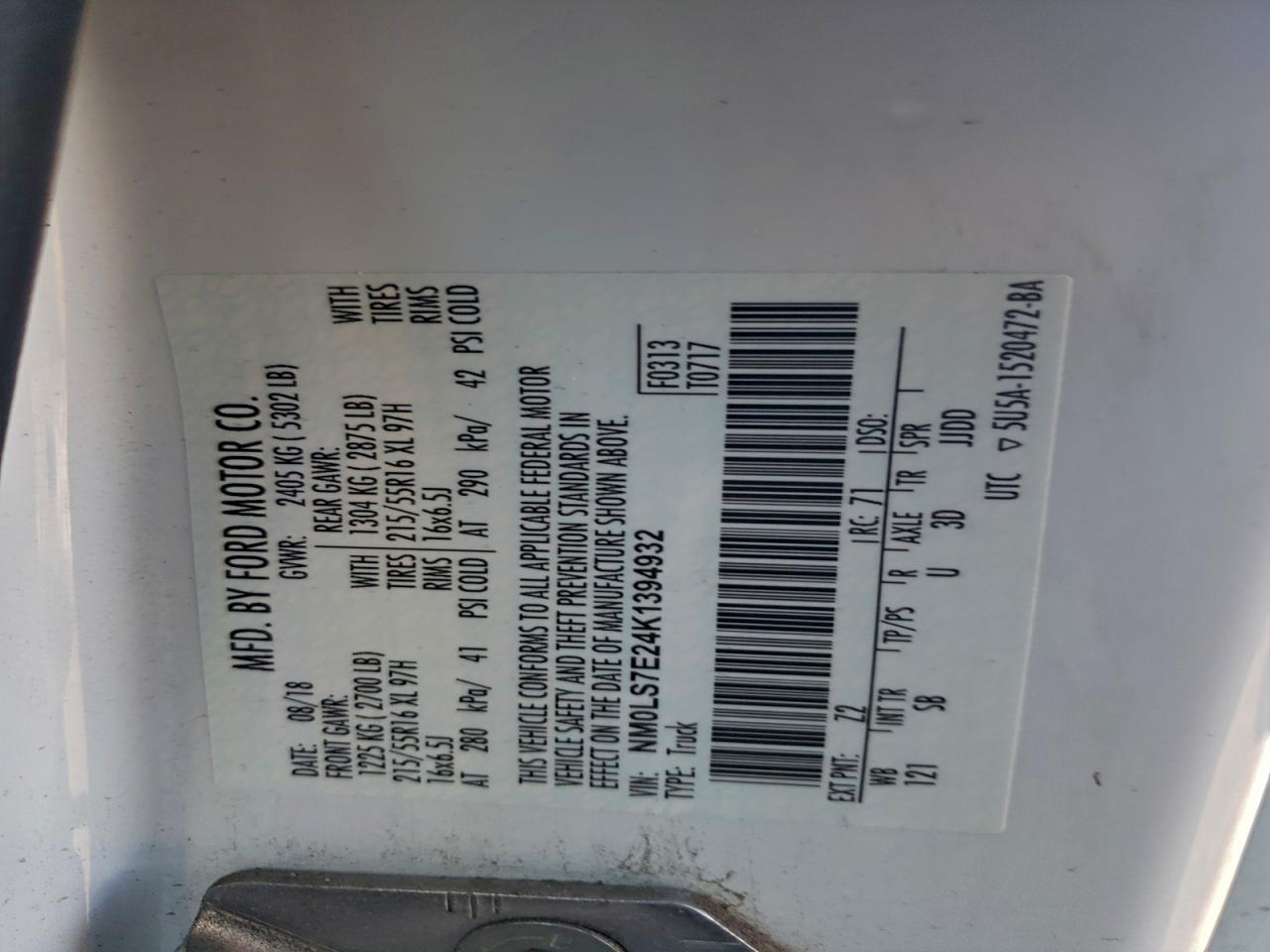 2019 Ford Transit Connect Xl VIN: NM0LS7E24K1394932 Lot: 94002495