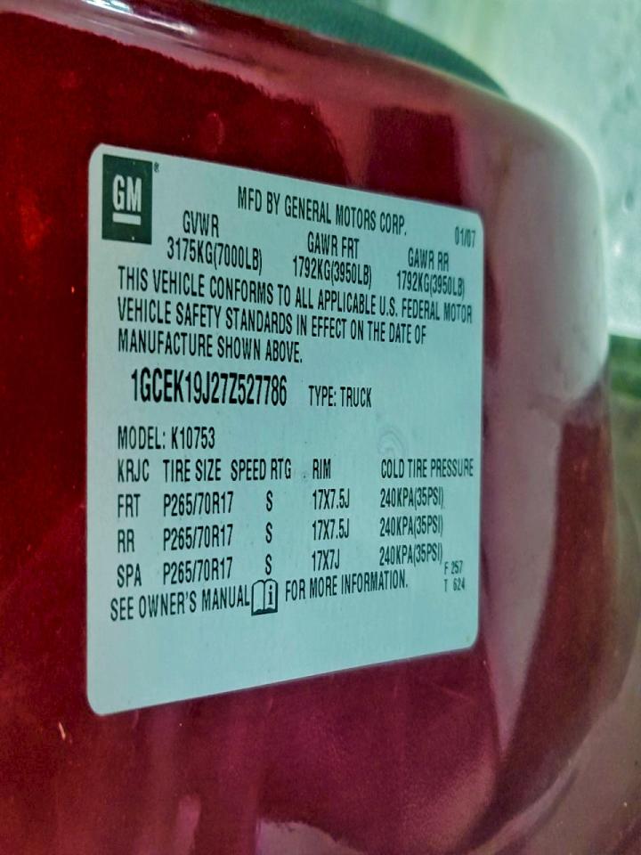 2007 Chevrolet Silverado K1500 VIN: 1GCEK19J27Z527786 Lot: 92990795