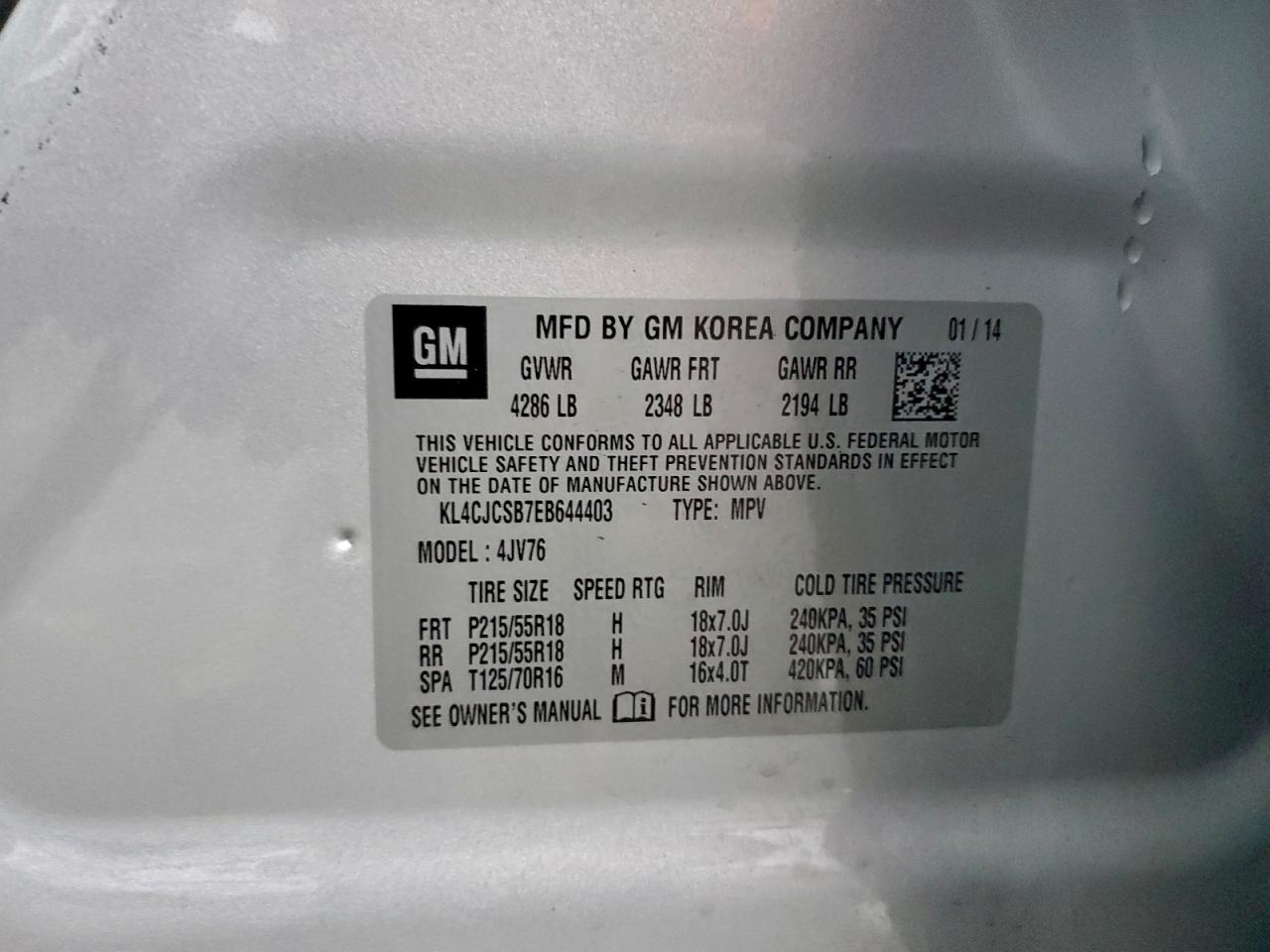 2014 Buick Encore VIN: KL4CJCSB7EB644403 Lot: 93780445