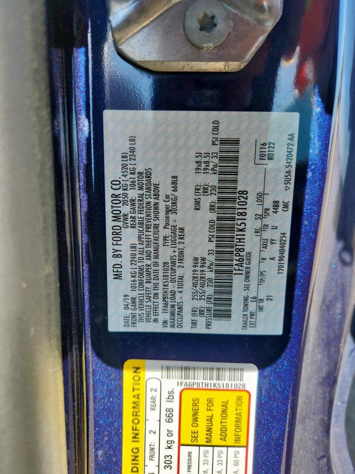 2019 Ford Mustang VIN: 1FA6P8TH1K5181028 Lot: 91679525