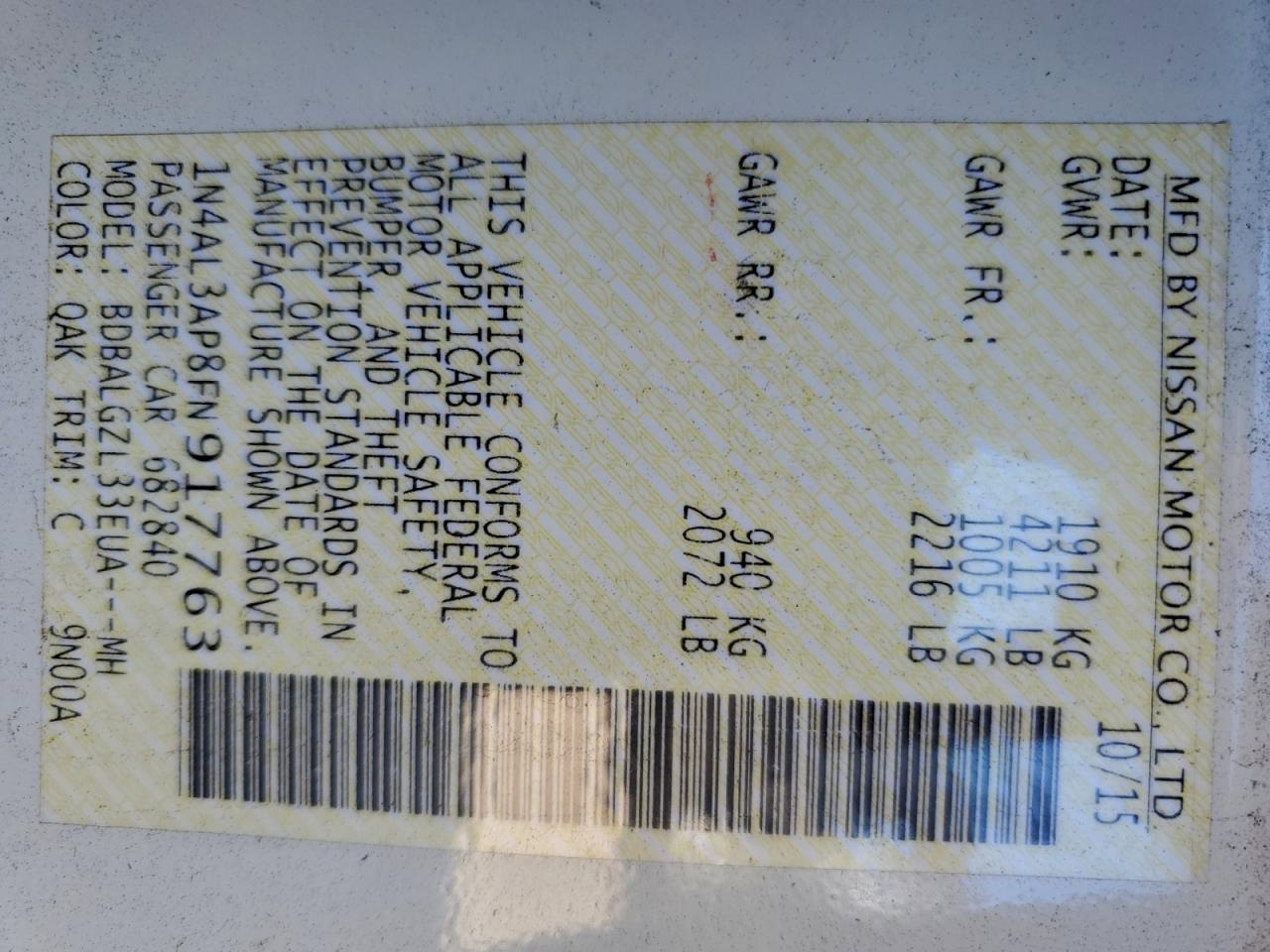 2015 Nissan Altima 2.5 VIN: 1N4AL3AP8FN917763 Lot: 94259505