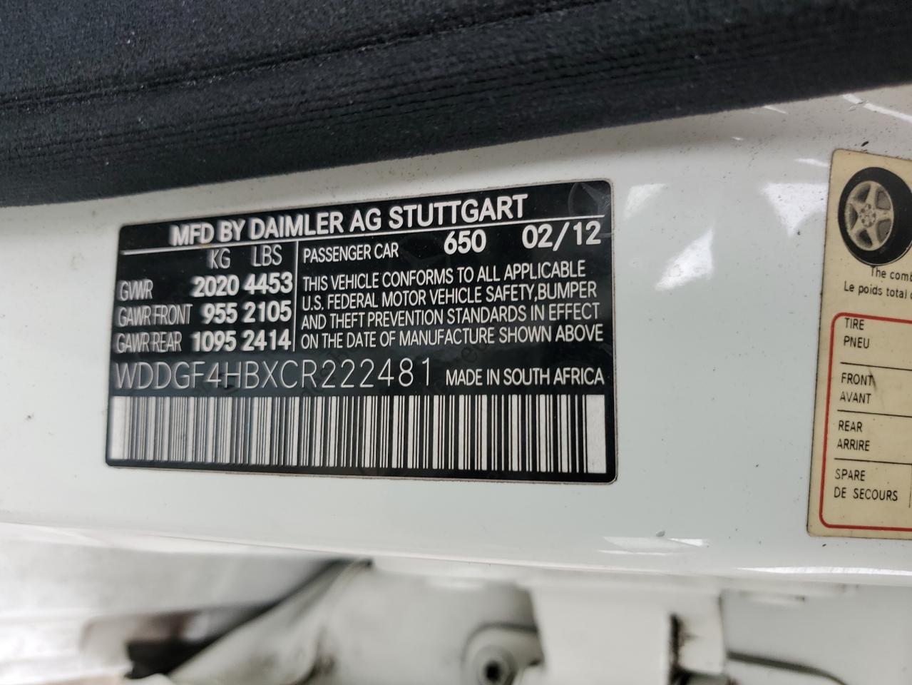 2012 Mercedes-Benz C 250 VIN: WDDGF4HBXCR222481 Lot: 92477915