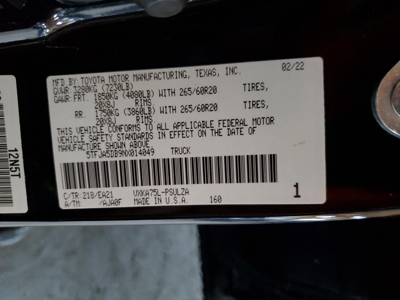 2022 Toyota Tundra Crewmax Limited VIN: 5TFJA5DB9NX014049 Lot: 91899785