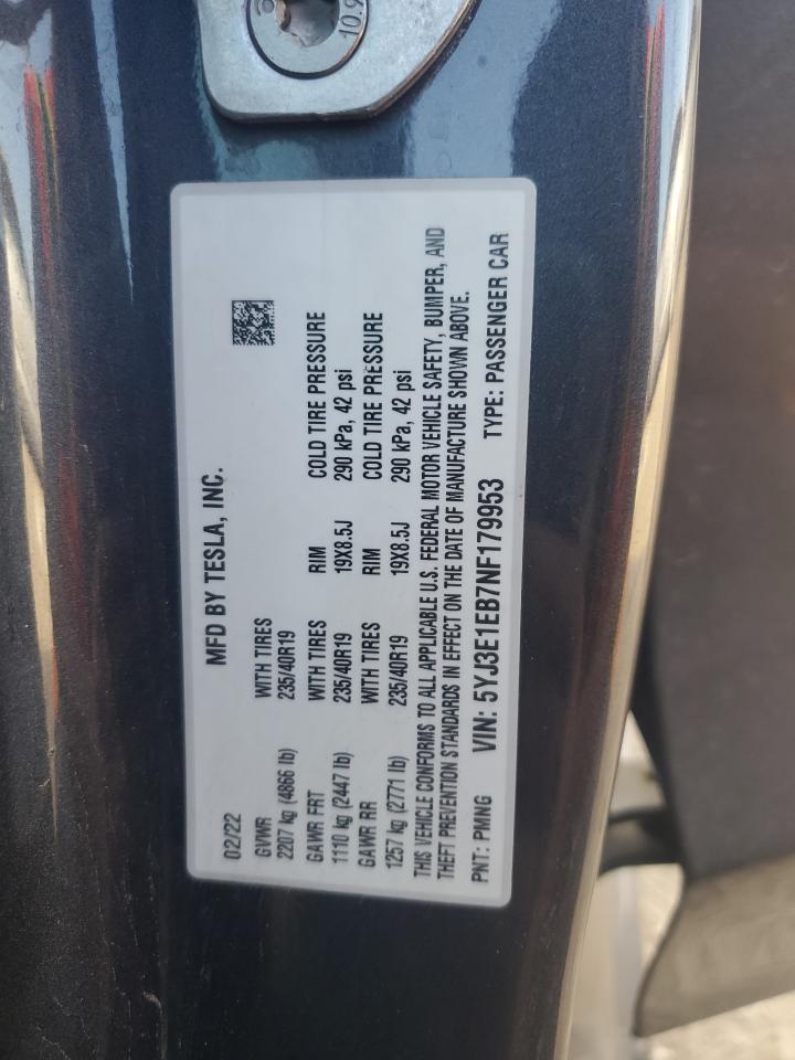 2022 Tesla Model 3 VIN: 5YJ3E1EB7NF179953 Lot: 91768125